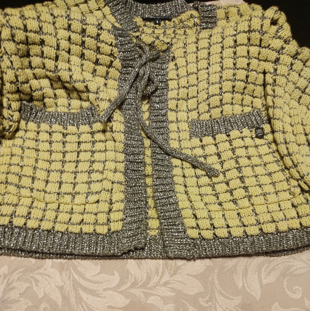 🌿🩶🌿 Gorgeous Chartreuse & Silver Metallic Open Weave Tie Cardigan - S - Picture 9 of 16